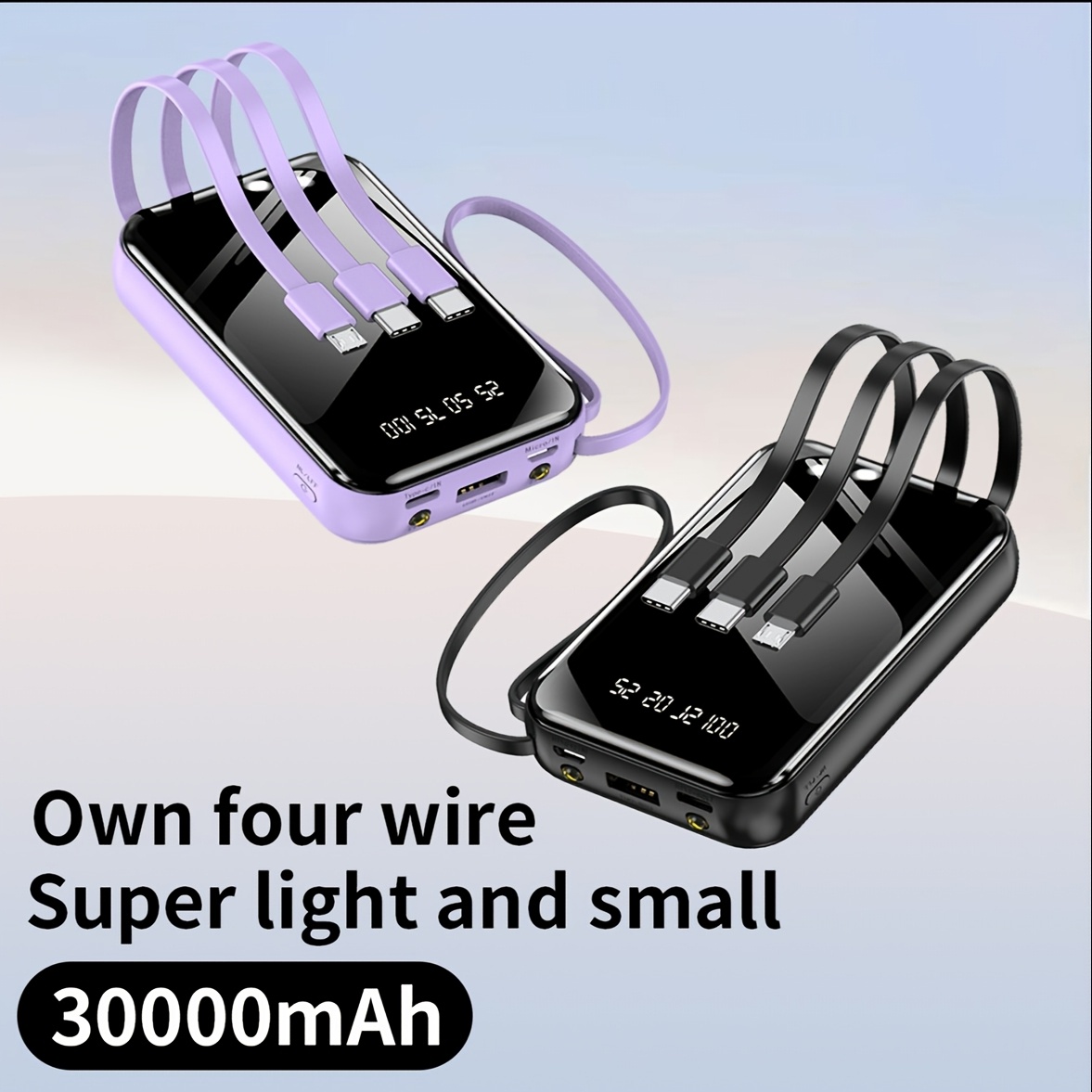 

30000mah Portable Large Capacity Power Bank, With Display/ Data Cables/ Light, Suitable For Charging For Electronics/mobile Phones, Portable Emergency Power Supply For , Christmas Gift, New Year Gift