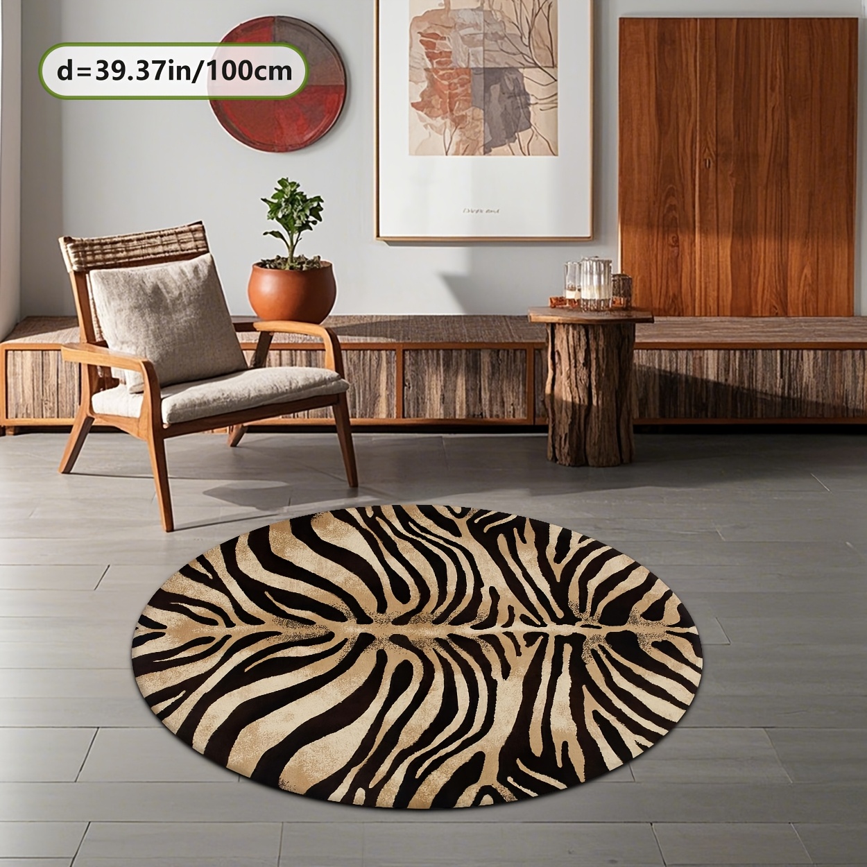 TEMU Round Zebra Print Area Mat - & Black Stripes, Soft Non-shedding 100% Polyester, Machine Washable Indoor/outdoor Mat For Living Room, Bedroom,
