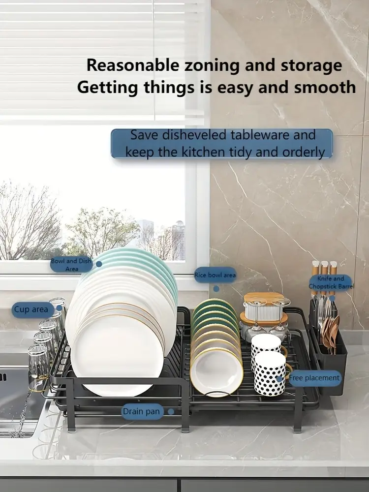 1pc expandable dishwasher rack large utensil drying rack with drainage plate set multifunctional utensil rack for kitchen counter extendable utensil drain for kitchen counter valentines day gifts black white 12 59 w x 13 77 d Product details 2