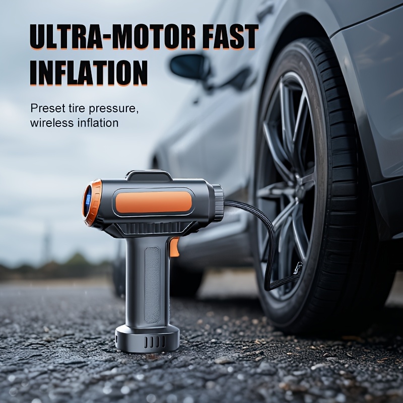 1pc tire inflator portable air compressor car air pump with   led lights and a set of nozzle adapters suitable for cars motorcycles bicycles and balls