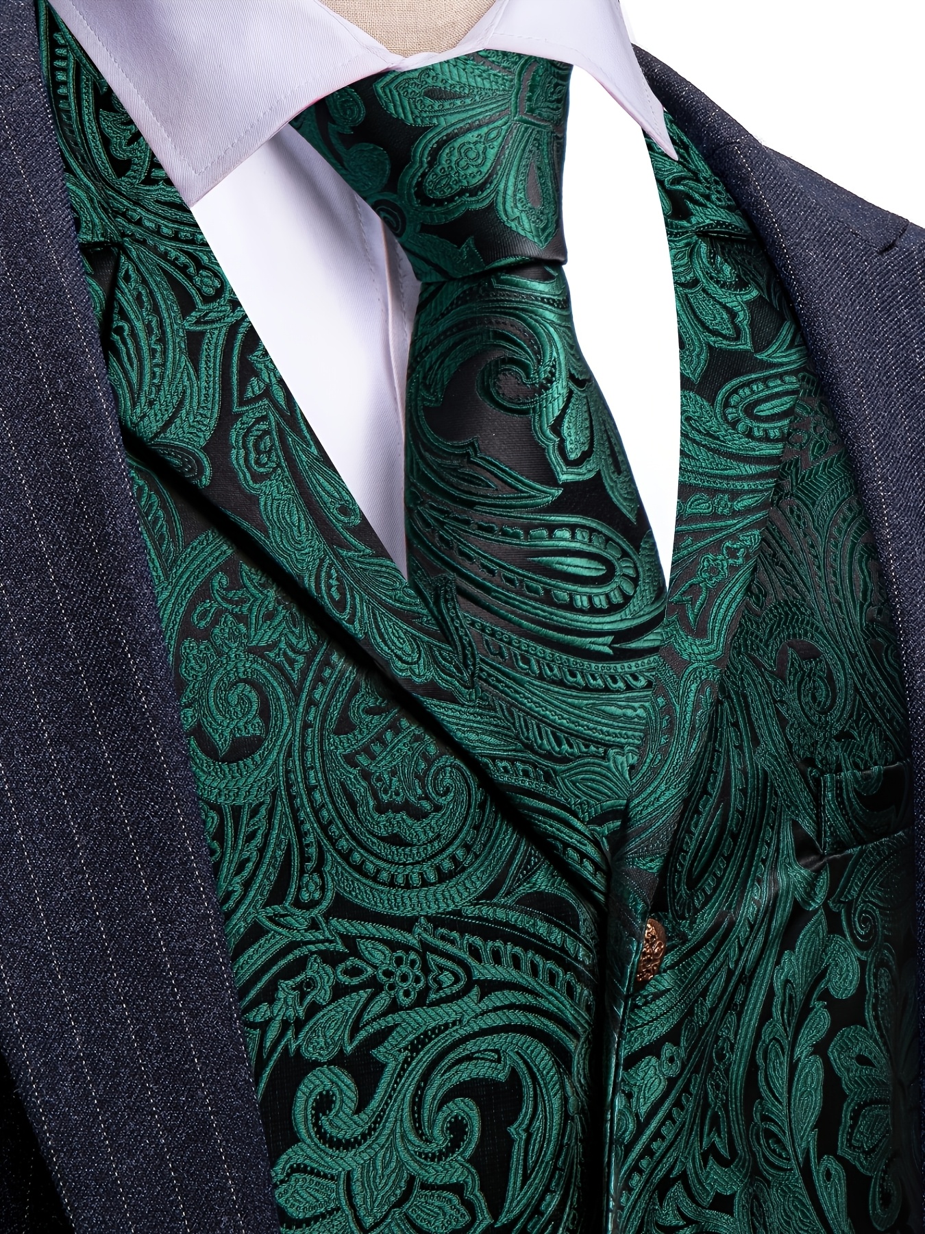 Vyriškas formalus žalias gėlėtas liemenės ir aksesuarų komplektas: kaklaraištis, kišeninės nosinės, rankogalių segtukai vestuvėms/išleistuvėms, smokingo liemenė