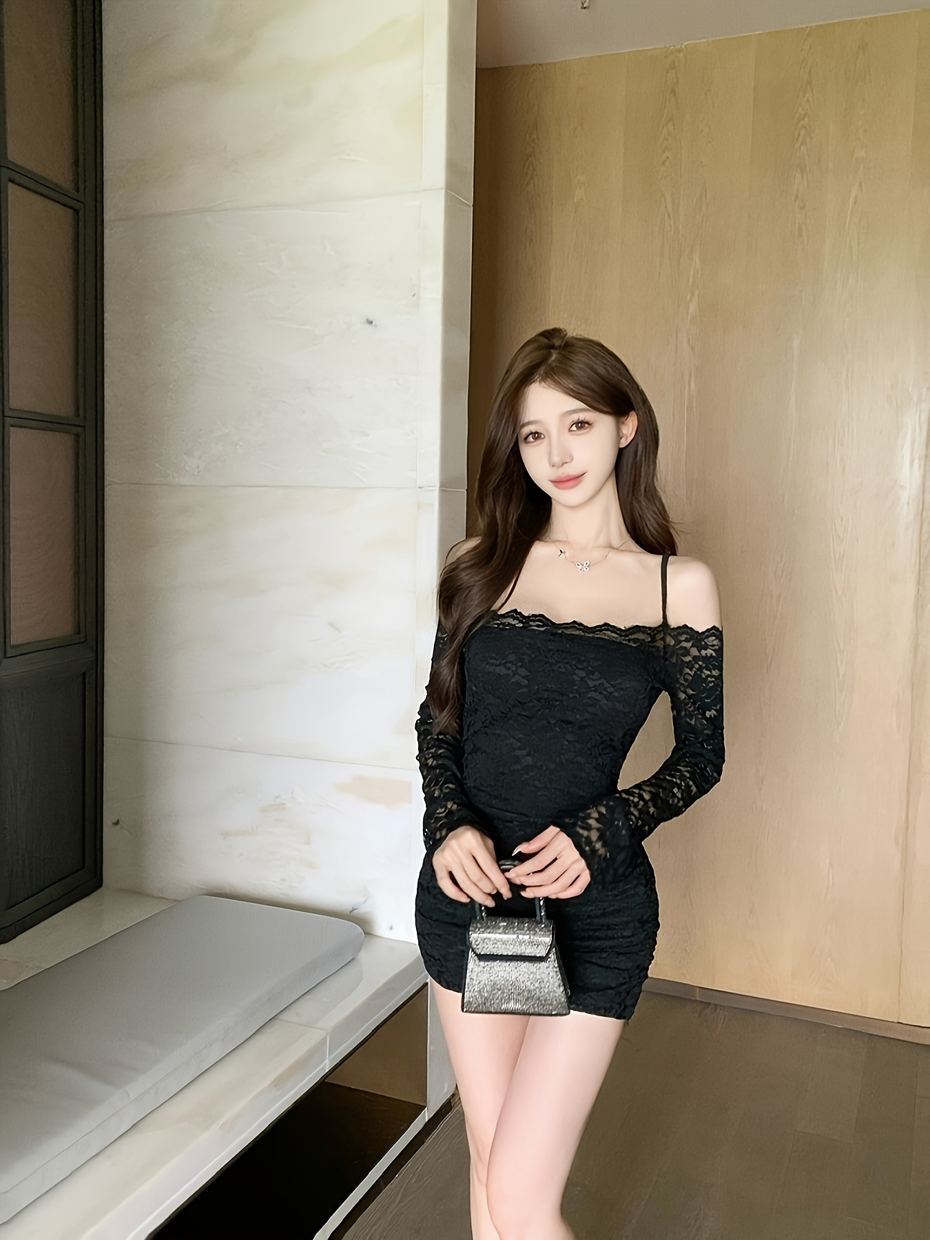 elegant lace cutout shoulder mini dress black long sleeve - Temu