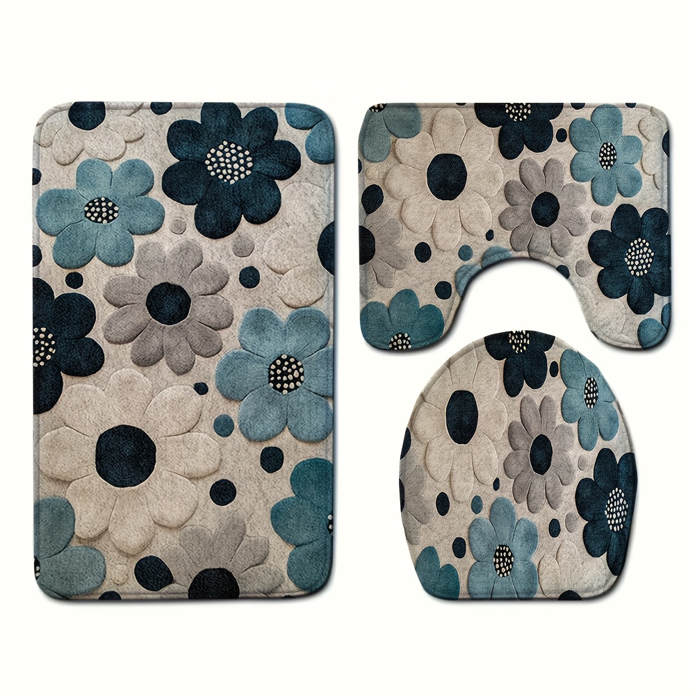E-shop 2D Flach, 3-teiliges Vintage-Stil Sonnenblumenmuster Badezimmerteppich-Set mit Flachdruck, inklusive Toilettendeckelbezug U-förmiger