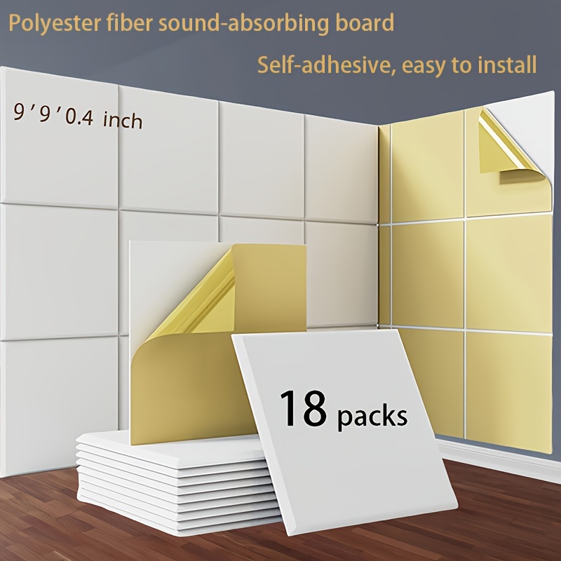 

18 Pack Self-adhesive Sound-absorbing Panels: 9''x9''x0.4'' White Polyester Fiber Acoustic Panels For Recording Equipment