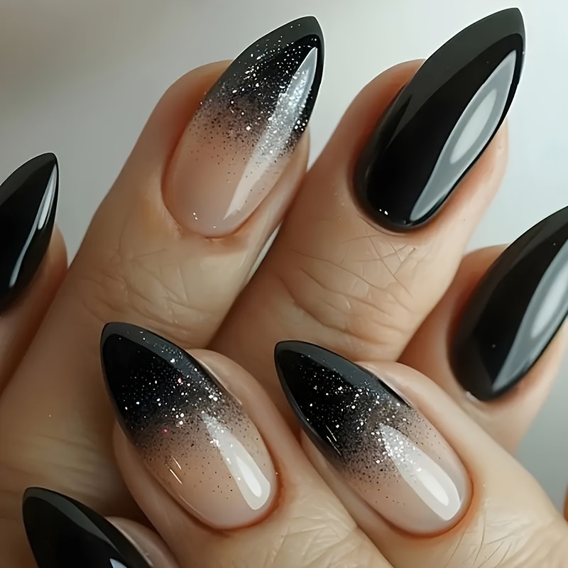 TEMU Celebrity Tragbare Nagelsticker 24 Stück Nagelkunst Tragbare Nägel Lange Mandelform Sexy Western Style Schwarz Gradient Einfarbig Elegant