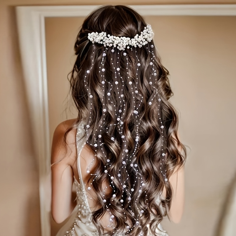 1 handmade bridal hair accessory featuring imitation pearl tassels a wavy headband and a wedding hair comb design
