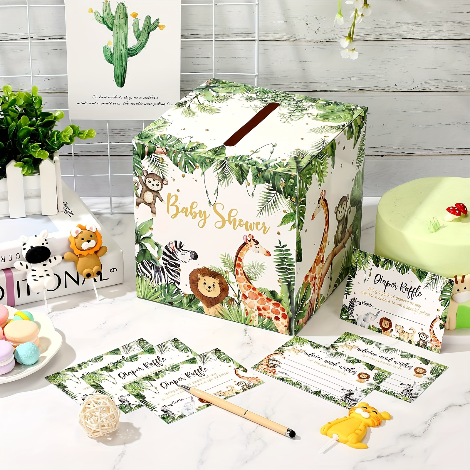 

51pcs Woodland Shower Card Box And Advice Cards, Diaper Raffle Game Box Tickets, Animals Safari Creatures Party Decorations For Baby Shower, Birthday, Gender Reveal (jungle Animal Theme)