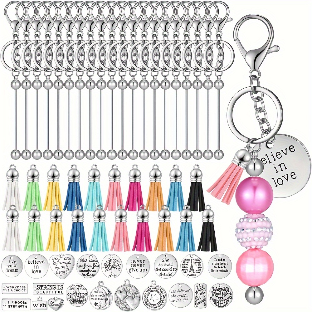 

60pcs Beadable Motivational Keychain Accessories Set Includes 20 Beadable Keychain Bars 20 Inspirational Words Charms 20 Leather Keychain Tassels For Diy Keyring Jewelry Making Kit Supplies
