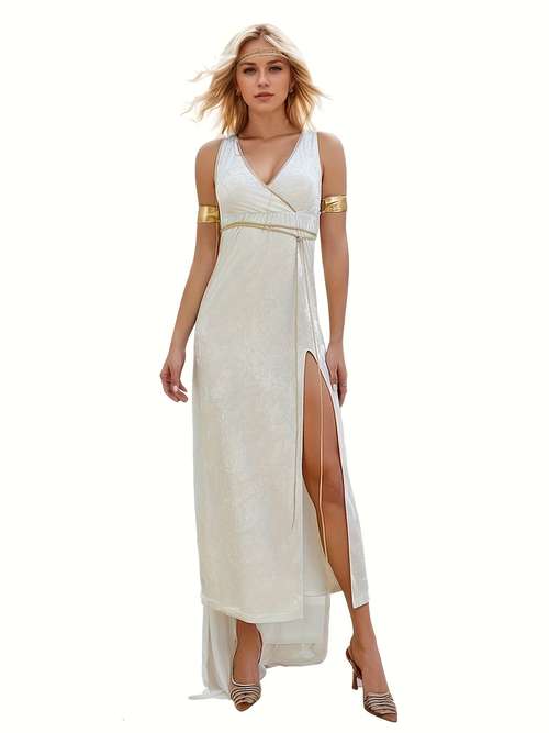 Greek Style Costume Dress With Tulle Cape - Deep V Neck Bandage Mini Dress For Halloween & Cosplay