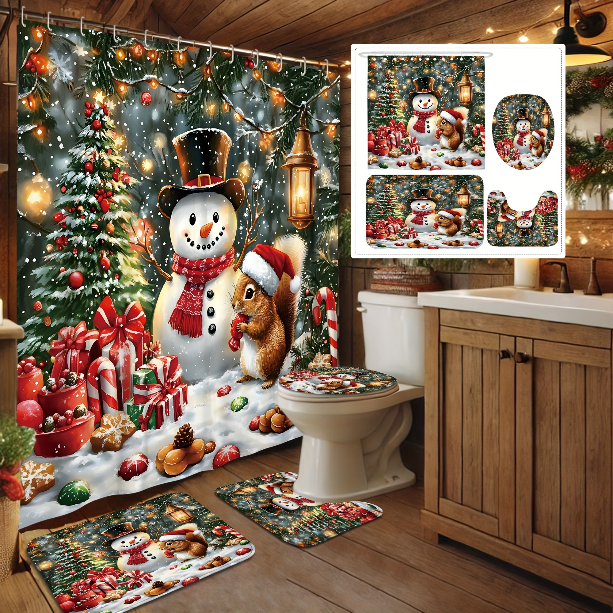 

1/4pcs Christmas Decorations Curtain Set Snowman Curtain For Bathroom With12hooks Bath Mat Lid Mat