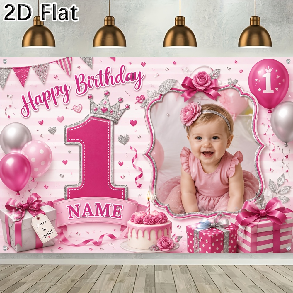 TEMU 2d Flat, [[2d Plat] 1pc Party Banner Custom Photo Name Pink 1st Happy Birthday Backdrop With Cake And Box Prints For Birthday Party Photo Booth