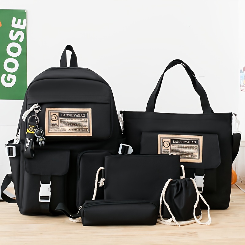 5-Piece Solid Color Backpack Set with Large Capacity Double Shoulder Bag, Tote, Pencil Case, Crossbody, and Lightweight Student Bag in Multi