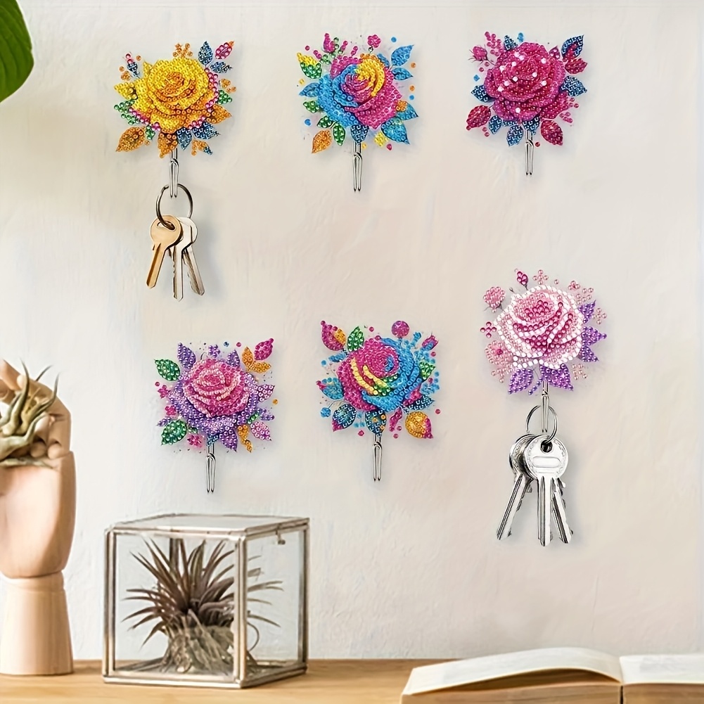 TEMU 6 2d/flat Rose Diamond Painting Hooks, Featuring Irregular Acrylic Sequins Inlay, Wall Hanging Decorative Art Craft Hooks That Installed Without