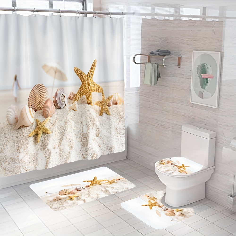 

1/4pcs Beach Starfish Shell Printed Set, Waterproof Shower Curtains With 12 Hooks, Non Slip Carpet, Toilet Lid Mat, U-shaped Bath Mat, Home Decoration, Bathroom Accessories