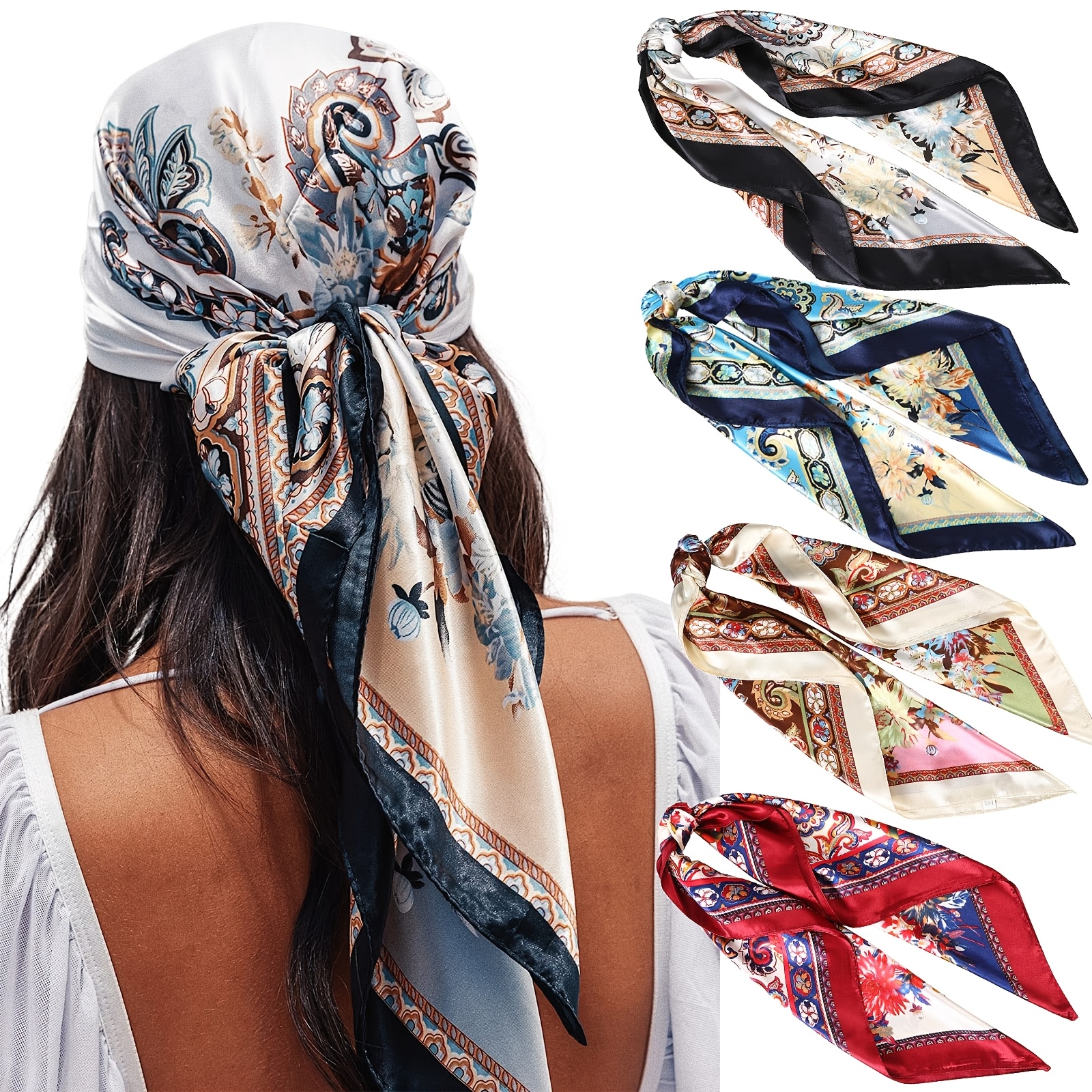 TEMU 4pcs Large Square Satin Scarves Suitable For Women - 35” Soft Elegant Hair Wraps & Neck Scarf, Non-elastic Suitable For Sleeping, Hair For