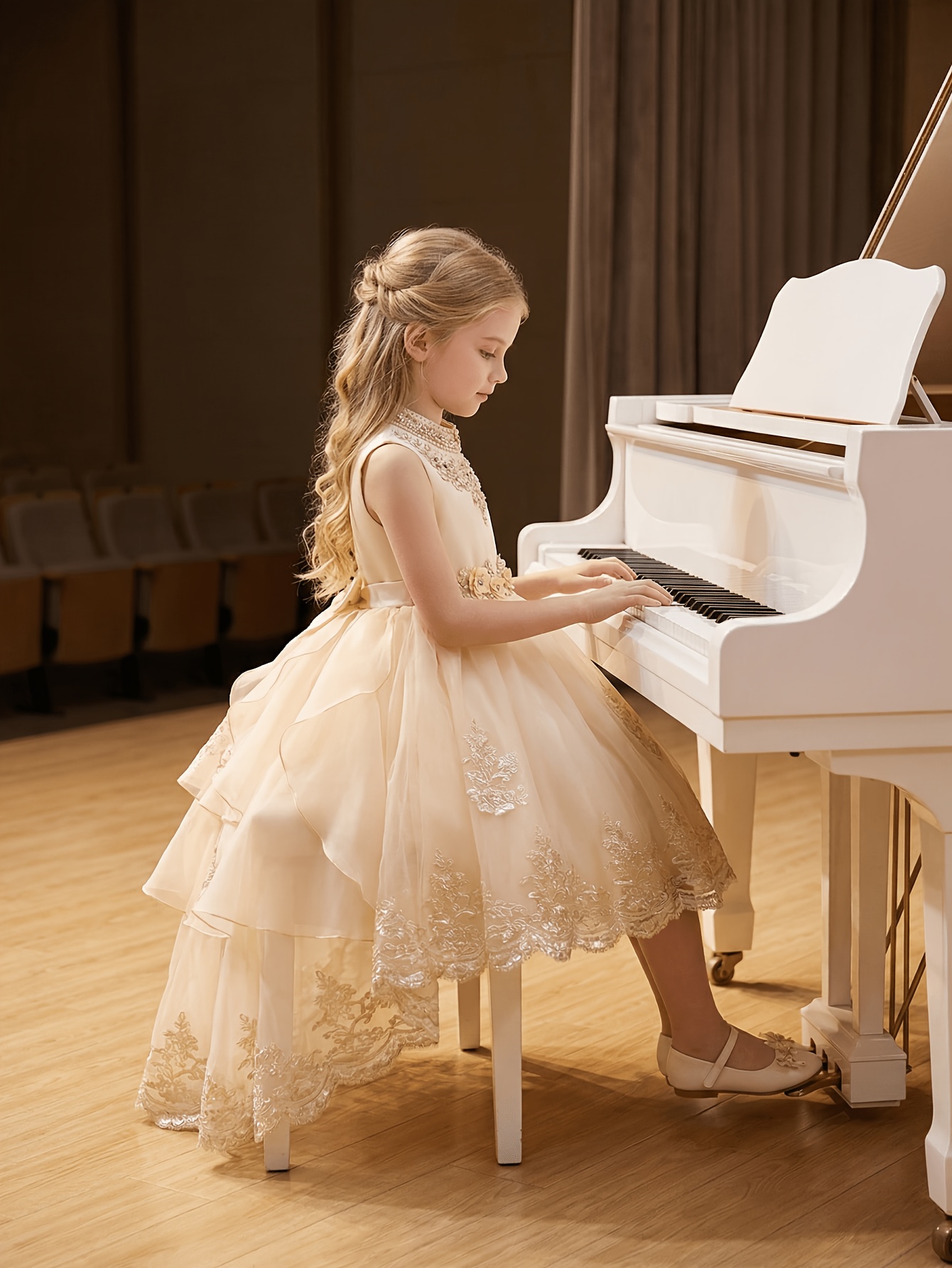 long floral embroidered dress Elegant Tulle Party Dress for Girls with 3D Floral Straps