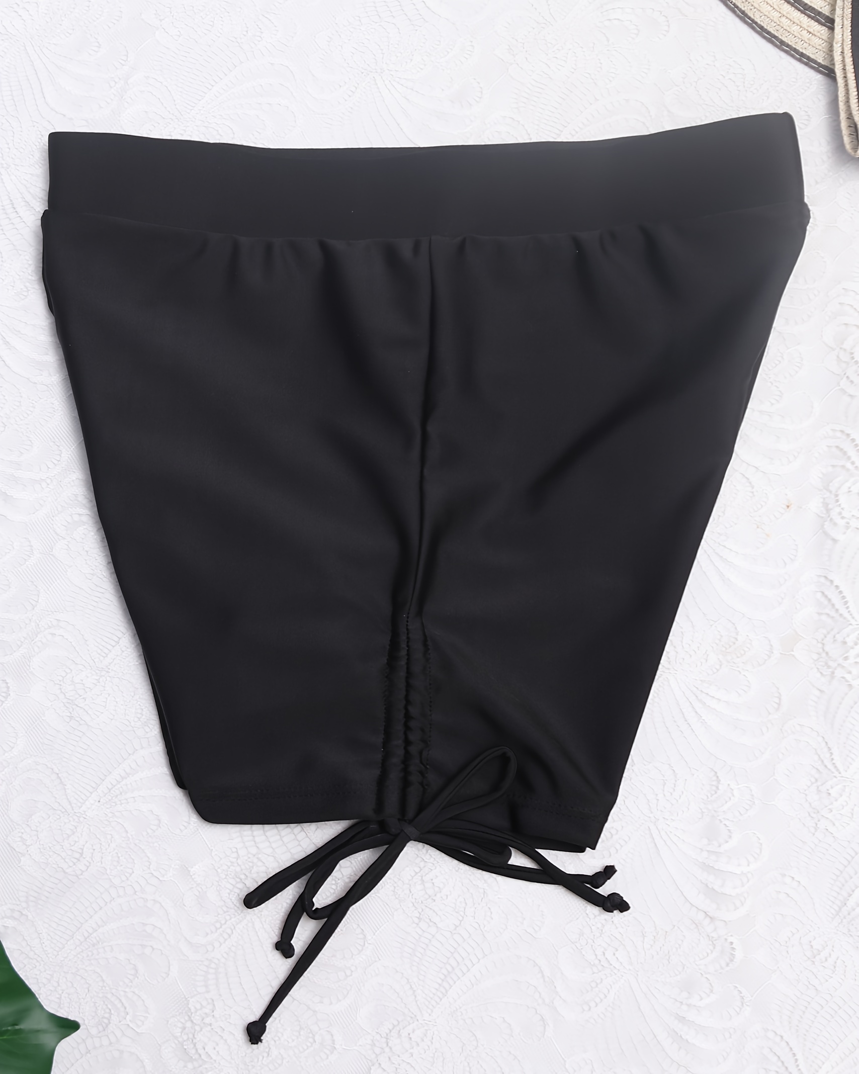 High-Waist Ruched Women's Swim Shorts - Sleek Black, Anti-Slip, Tummy Control with Faux Drawstring Detail, Stretchy Polyester/Elastane Blend, Machine Washable