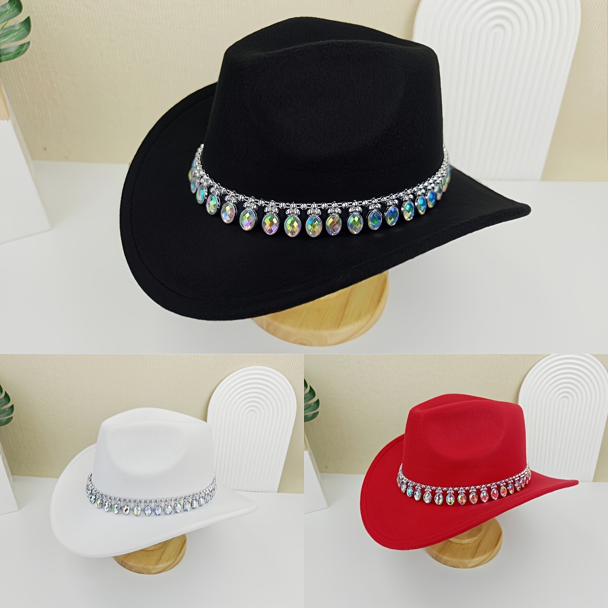 

Women's Rhinestone Gem Cowboy Hat Polyester Wedding Party Lightweight Occasion Hat With Inelastic Fit And Rhinestone Decor - No Feather Craftsmanship