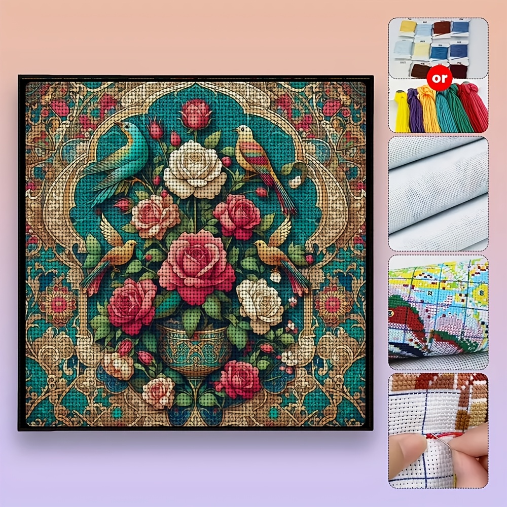 Style Vase with Roses and Colorful Birds Pattern Cross-Stitch Kit