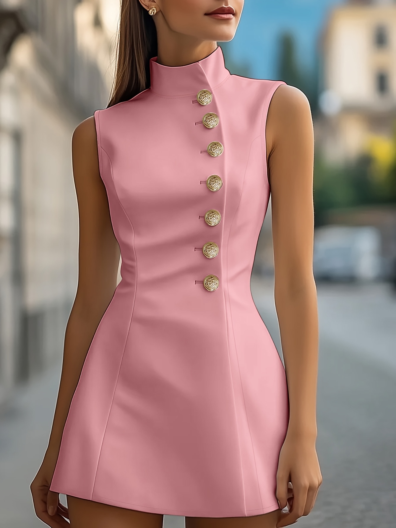 womens elegant sleeveless a line dress stand collar button Temu