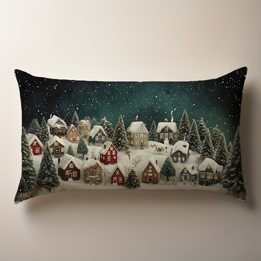 TEMU 1pc Christmas Winter Snow Village Cushion Cover - Farmhouse Rustic Holiday Pillowcase With Snowy Houses, Pine Trees & Twinkling, Dark