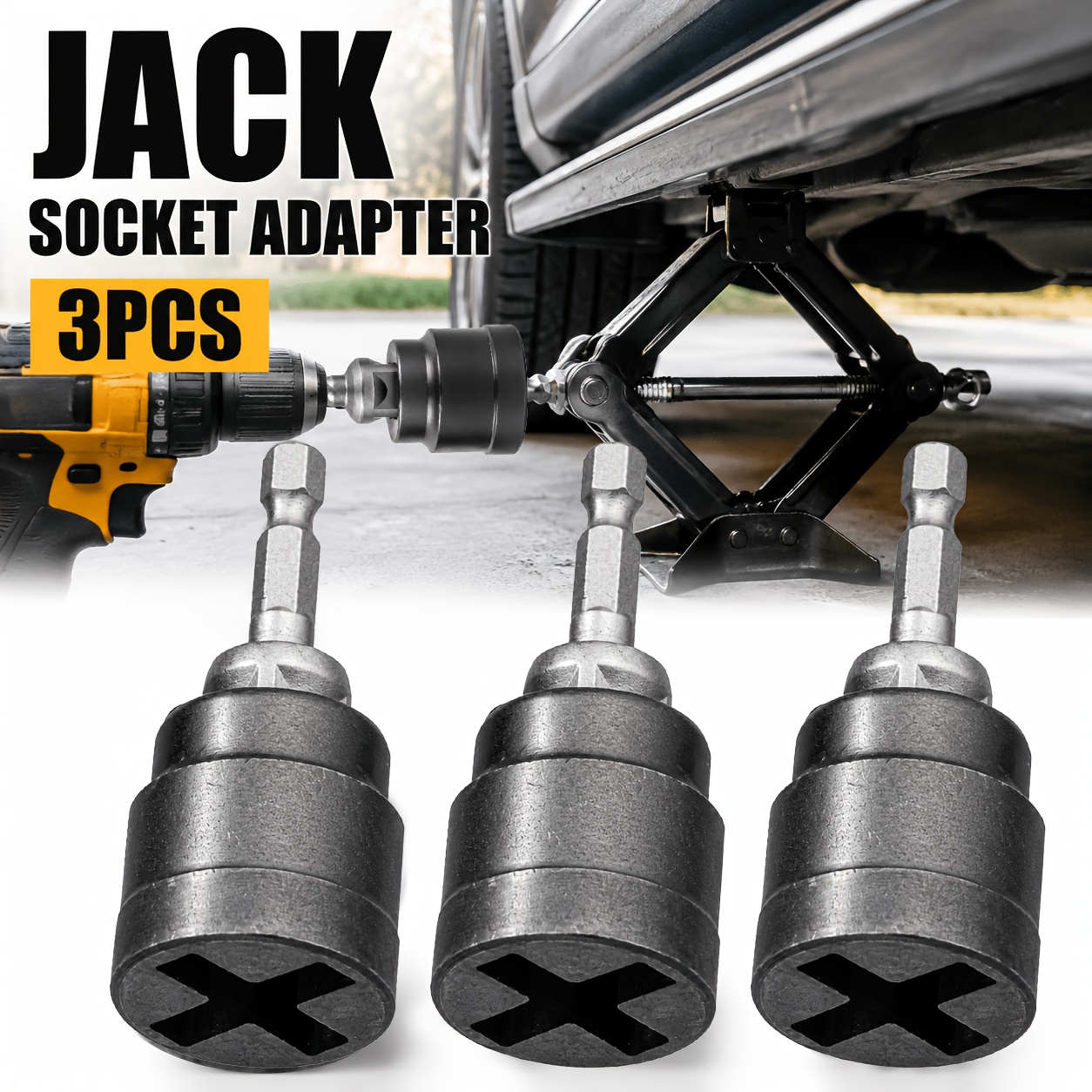 TEMU 3pcs Household Car Jack Socket Set, Easy-pull Socket Adapter, Heavy-duty Electric Wrench Connection Socket, Portable Effortless Jack Accessory,