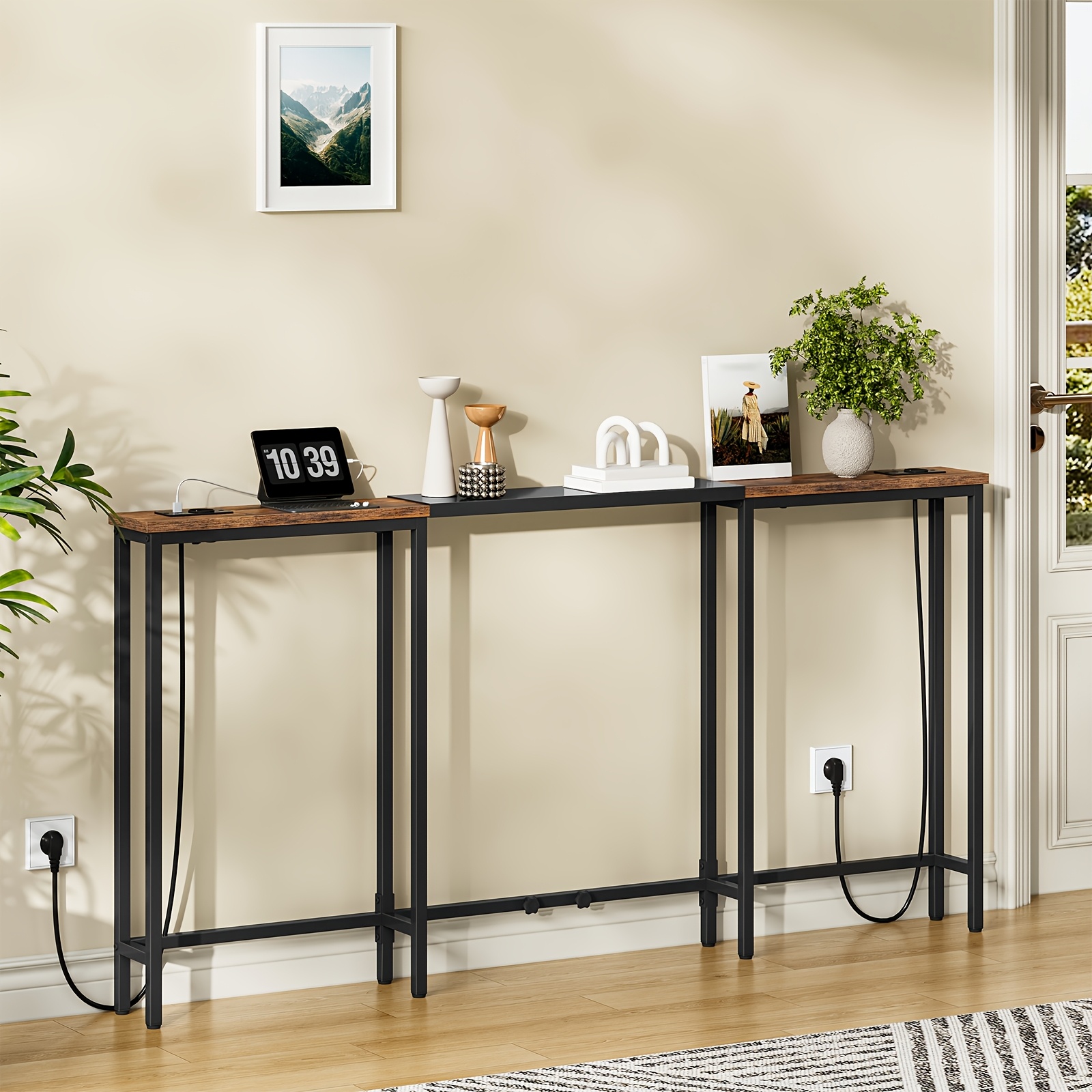 Image of Adjustable Length Narrow Console Table With 2 Charging Stations, 160-200cm Adjustable Length. Suitable For Multiple Such As Behind The Sofa, Entryway, Hallway, Etc.