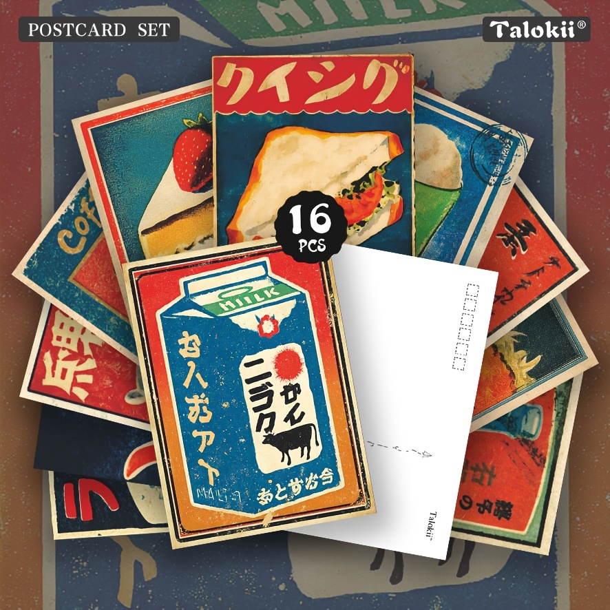 TEMU 16pcs Vintage Japanese Food Label Postcard Set For Laptops, Retro Art Print Cards With Milk, Sandwich And Cake Designs, Perfect For Journaling