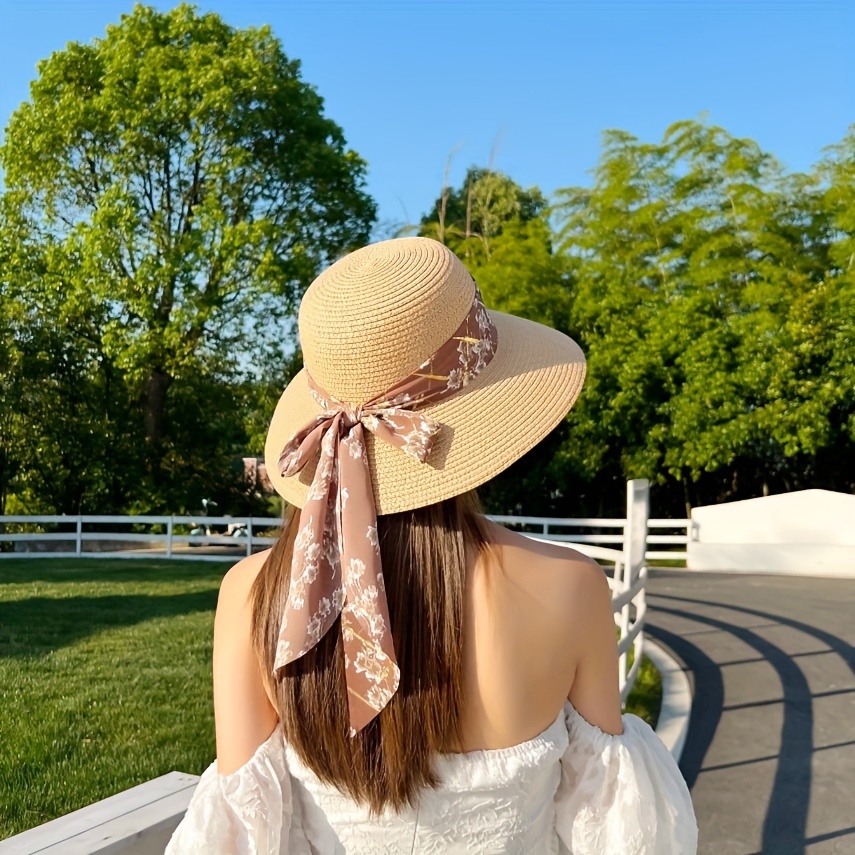 Rose Ribbon Bowknot Flat Top Straw Hat Embroidered Daisy - Temu Canada