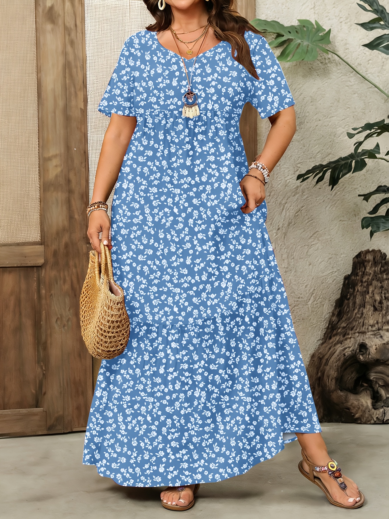 chinese dress ladies Plus Size Maxi Dress V Neck for Summer - White main image 1