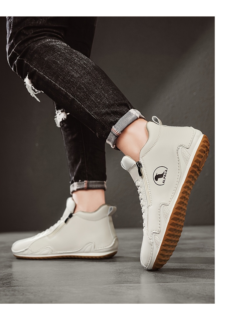 [Casual & Outdoor Shoes] Men's Ankle-High Zipper Boots - PU Upper & Rubber Sole, Slip-On/Lace-Like Zip Closure, All-Terrain Traction (EU 39-48), Casual & Outdoor Shoes for Winter/Spring/Fall, Round Toe Ankle Booties with Cushioned Insole