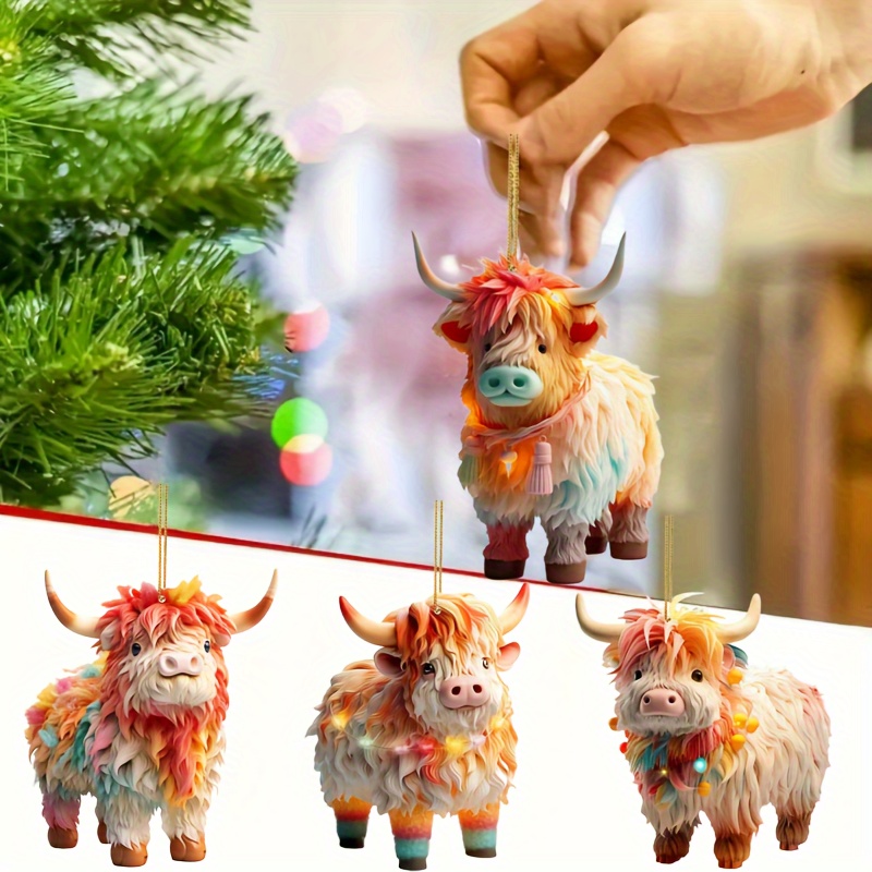 

4pcs Set Of Highland Ornaments - Vibrant Acrylic Hanging Decor With Lights, Tree, Backpack, And Car - , No Power Required, Cow Decor