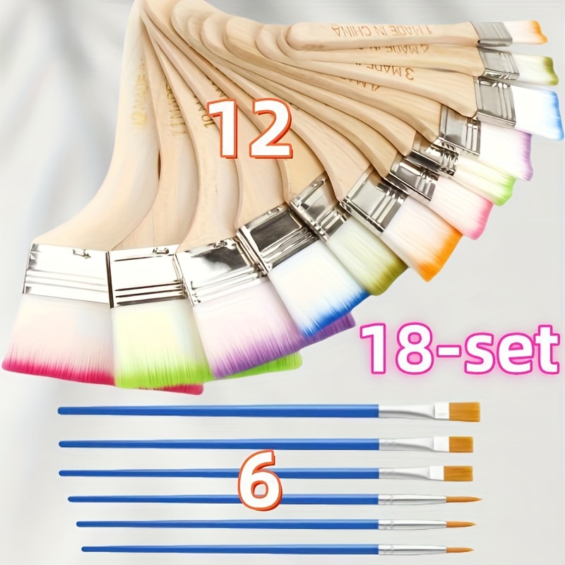 Image of 18-set/ Assorted Size Nylon Flat Oil Painting Brush Set - Easy Clean, High-quality Wooden Handles, Perfect For Art And Painting Enthusiasts, Professional For Artistic Use