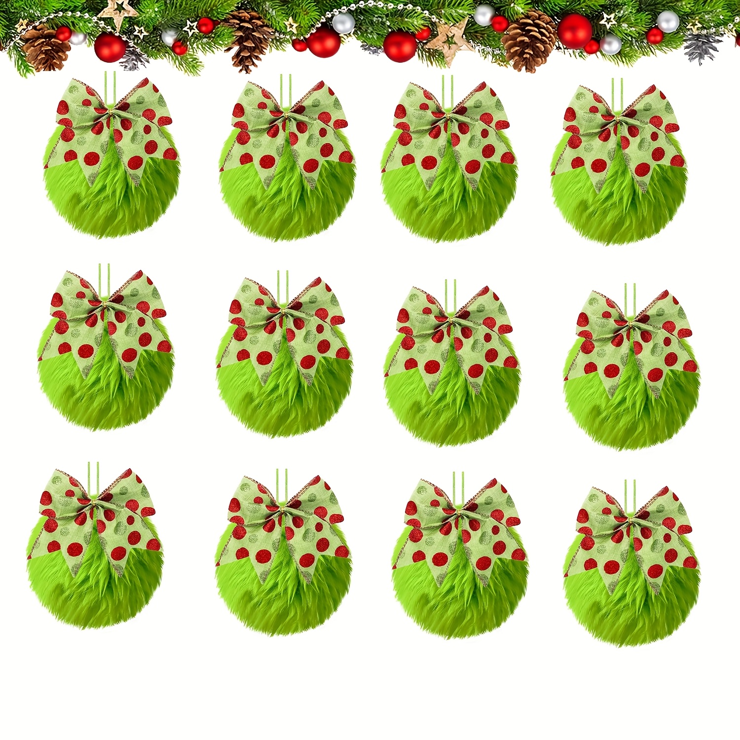 TEMU 6/12pcs Hanging Ornaments Furry Christmas Ball Ornaments With Bow, Lime Ornaments For Christmas Tree Decorations Set, Hanging Pom Pom Xmas Party