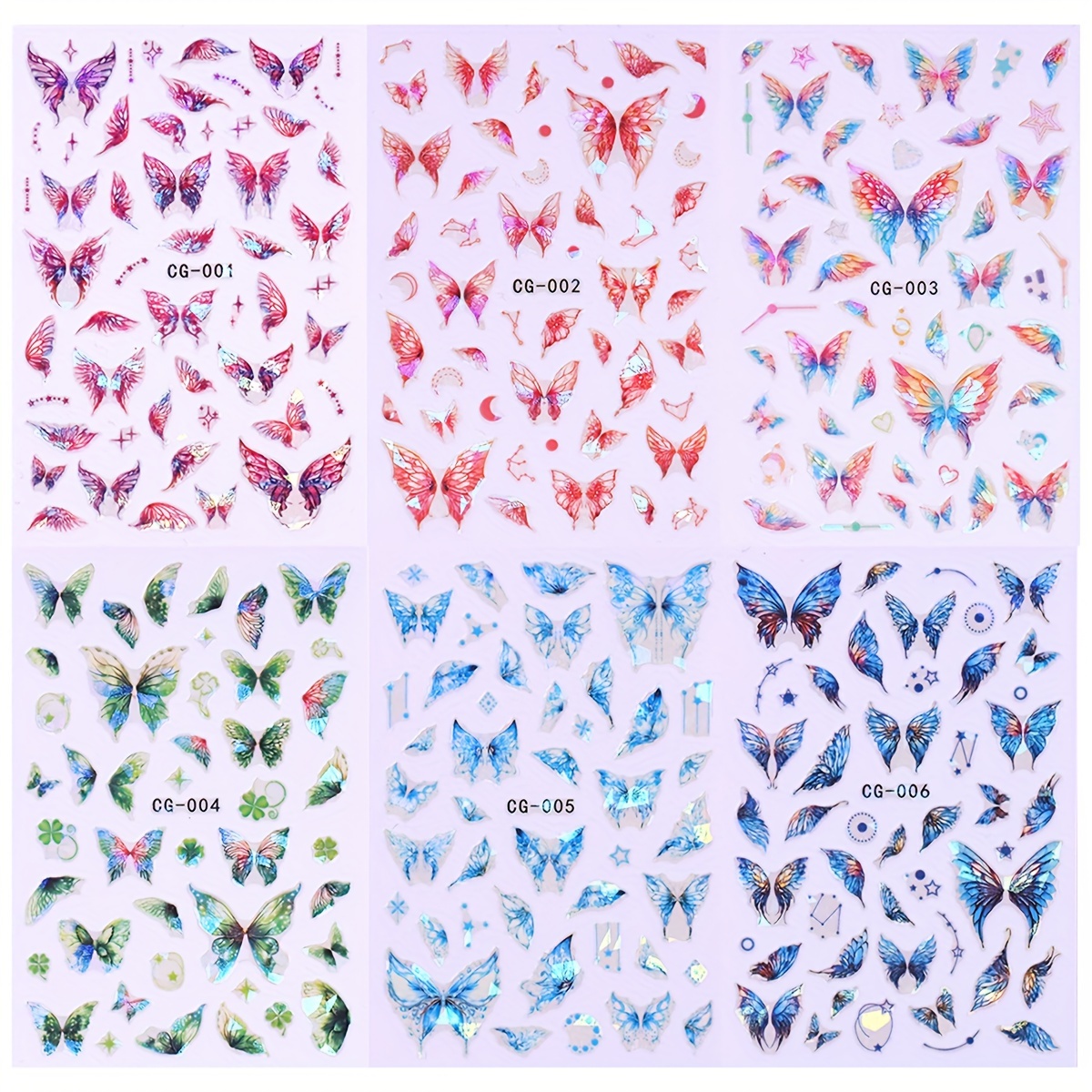6pcs Glitter Colorful Nail Art Stickers - Self-adhesive Sparkling Laser Nail Decals For Nail Art Decoration