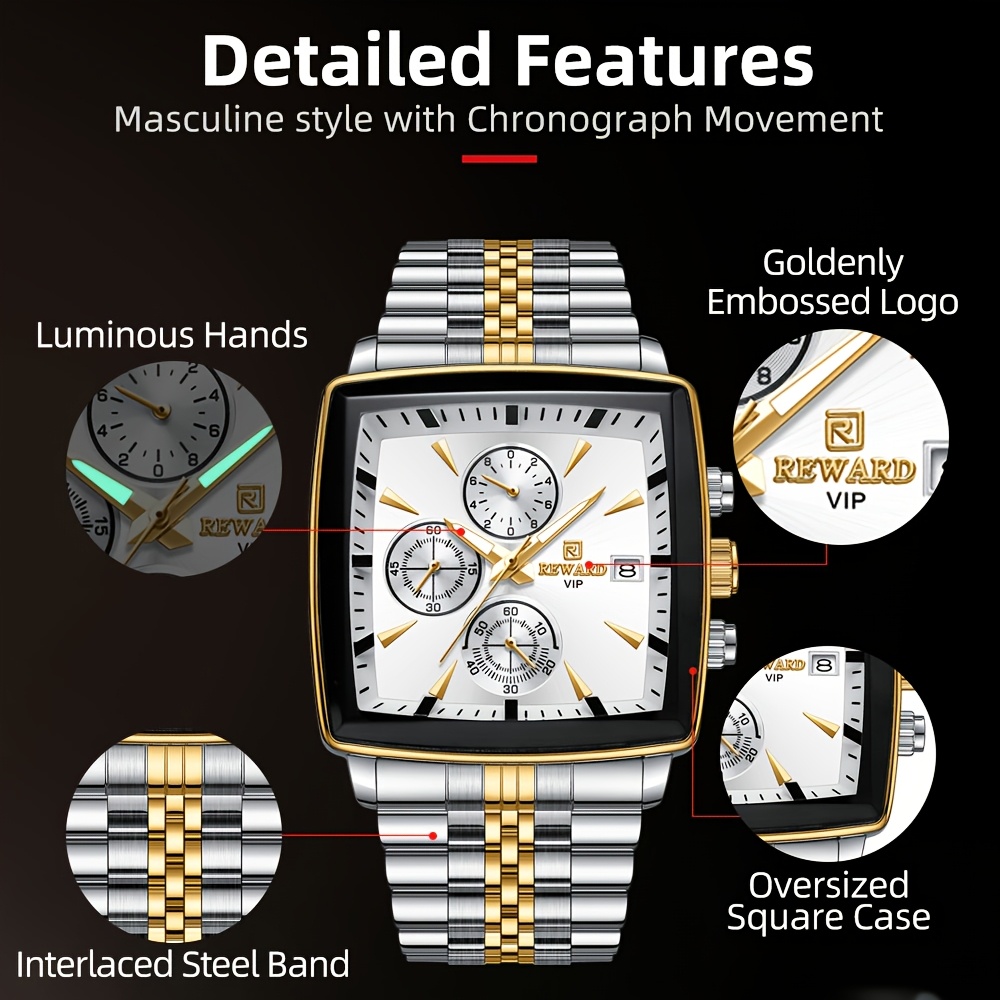 luxury golden and white rectangular mens watches featuring a calculator and stopwatch multifunctional quartz wristwatches with luminous hands   business 3