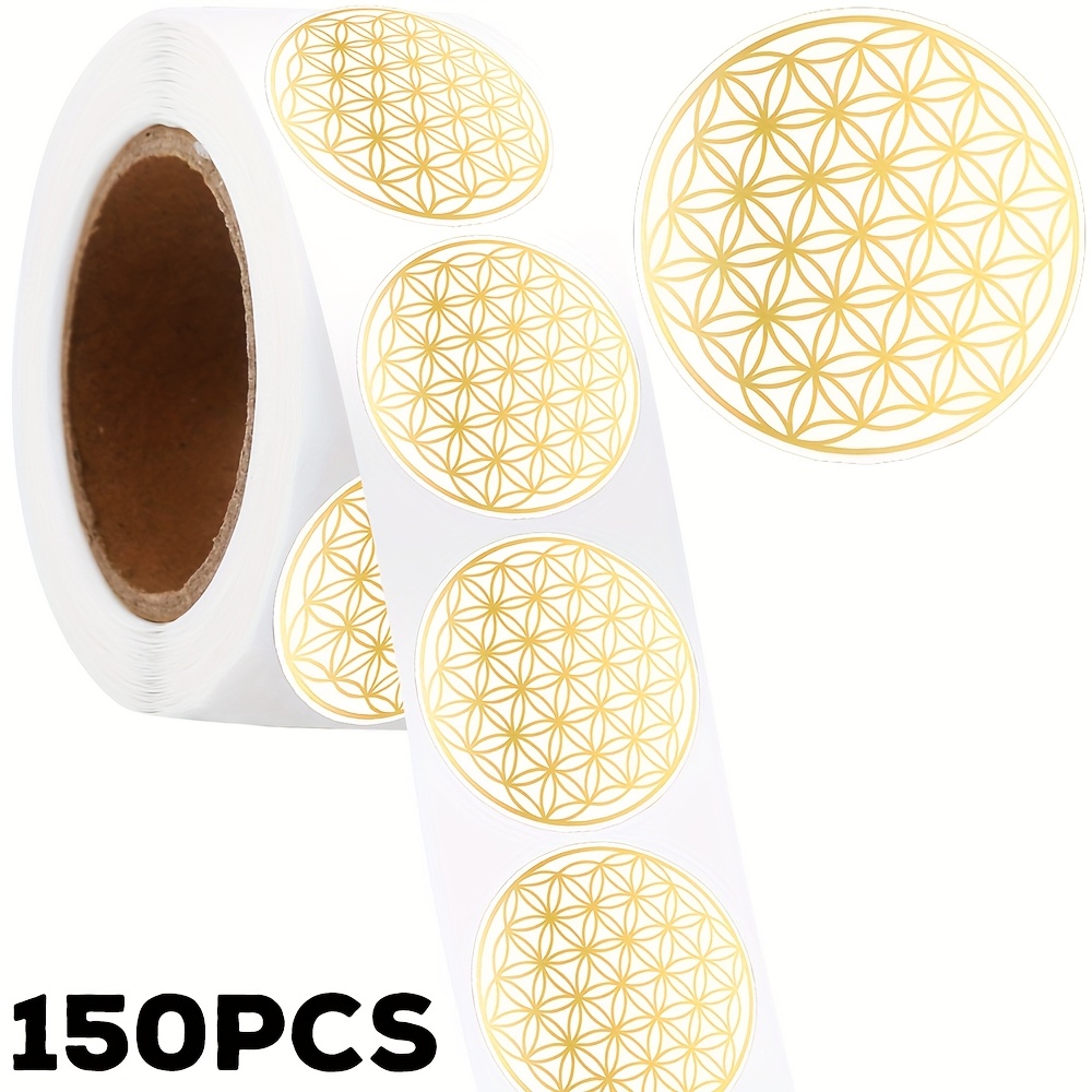Image of 1 Roll Of 150pcs Flower Of Life Stickers, 1.5-inch Round Self-adhesive Pvc, Sparkling Surface For Phone Cases, Journals, Envelopes, Water Bottles, Smooth Surfaces, Decorative Sticker(golden, Silvery)