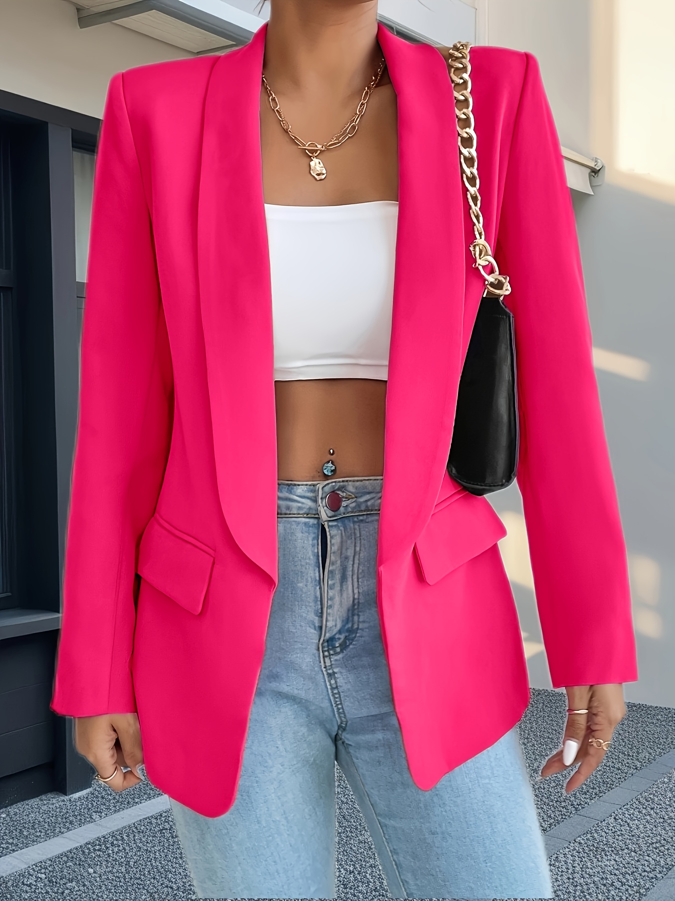 Women'S Bright Pink Blazer with Golden Chain Shoulder Bag - Casual Long Sleeve, Polyester, Buttonless Placket, All-Season Jacket, Casual Attire|Bold Fashion Statement|Polyester Blazer