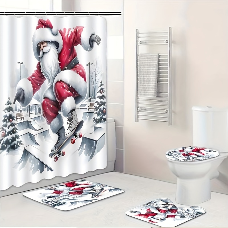 

1pc/4pcs Christmas Decorations, , Shower Curtain 12 , Bathroom Rug, U-shaped Mat, Lid Mat, Bathroom Decoration, Bathroom Shower Curtain Set