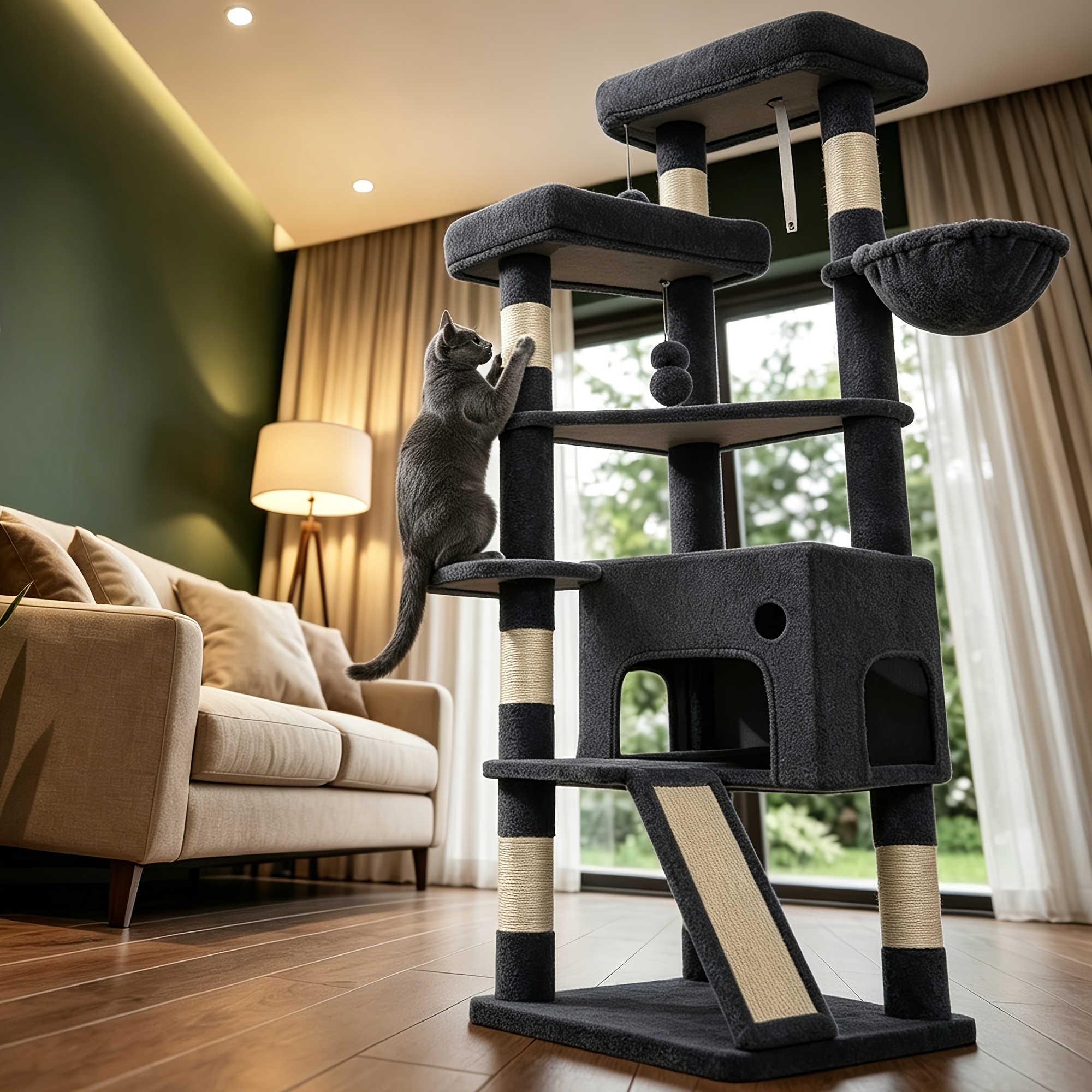 155 Cm Cat Tree, 6 Sisal Posts, 1 Cat House With A Den, 3 Platforms Of Varying , 1 Cat Basket, Scratching Posts, Mini Size, Suitable For Small Homes