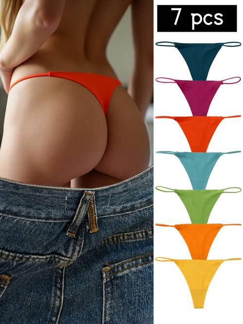 7pcs Pack Women's Low-Rise Seamless Bikini Thong Underwear - Soft Breathable -String Panties, Non-Sheer Solid Color Minimalist Full Coverage Suitable for Gym, Swimming, Casual Attire - Low Waist Fitness & Casual Undergarment Set