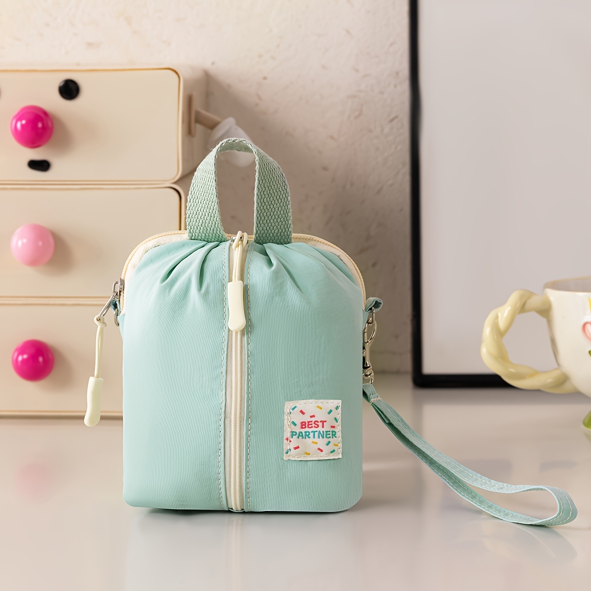 TEMU Macaron-colored Portable Multifunctional Organizer Bag, -bag, Lipstick, , Keys, Swabs Storage, Double-layer Design, Christmas Gift
