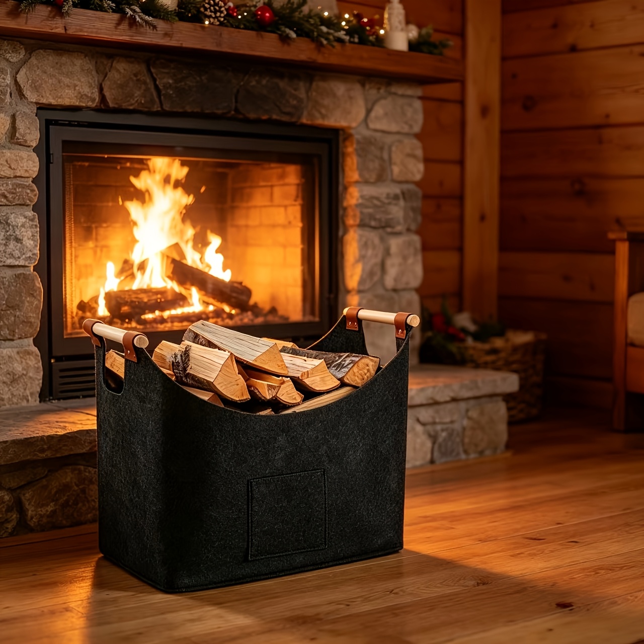 TEMU Panier de rangement pour bois de chauffage en feutre épaissi à l' avec poignée en bois, seau de rangement pour bois de chauffage en feutre,
