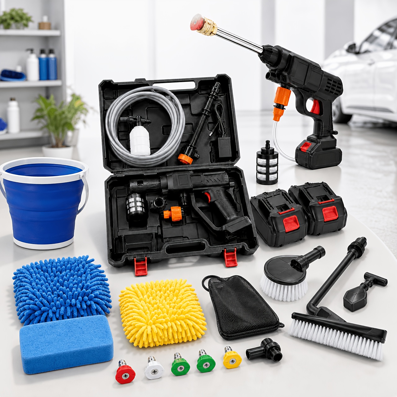 Image of 1 Set Of Car Wash Tools, Plastic Material + Stainless Steel Material. Lightweight And Portable, With Storage Box, Convenient For Storage.