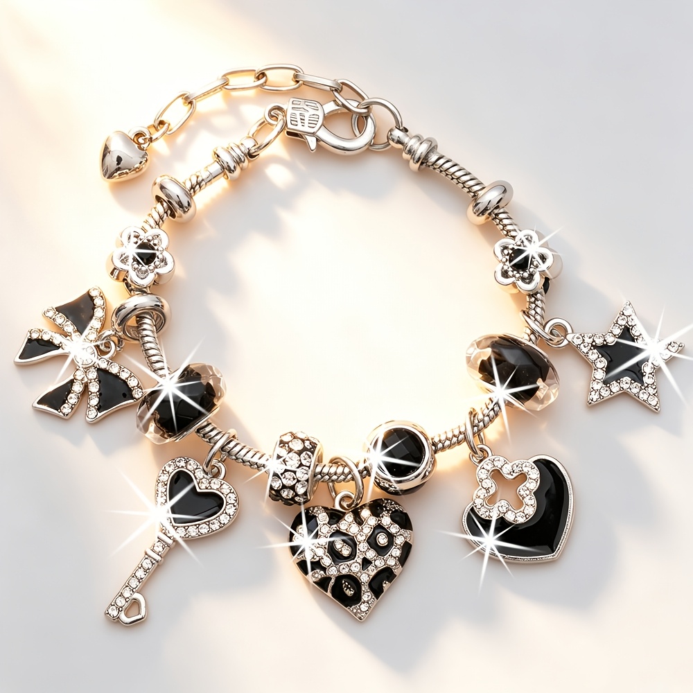 TEMU Pulsera nueva, elegante y con estilo de lujo para mujer, ajustable, con , corazones, llaves, estrellas, flores pequeñas y cuentas negras.