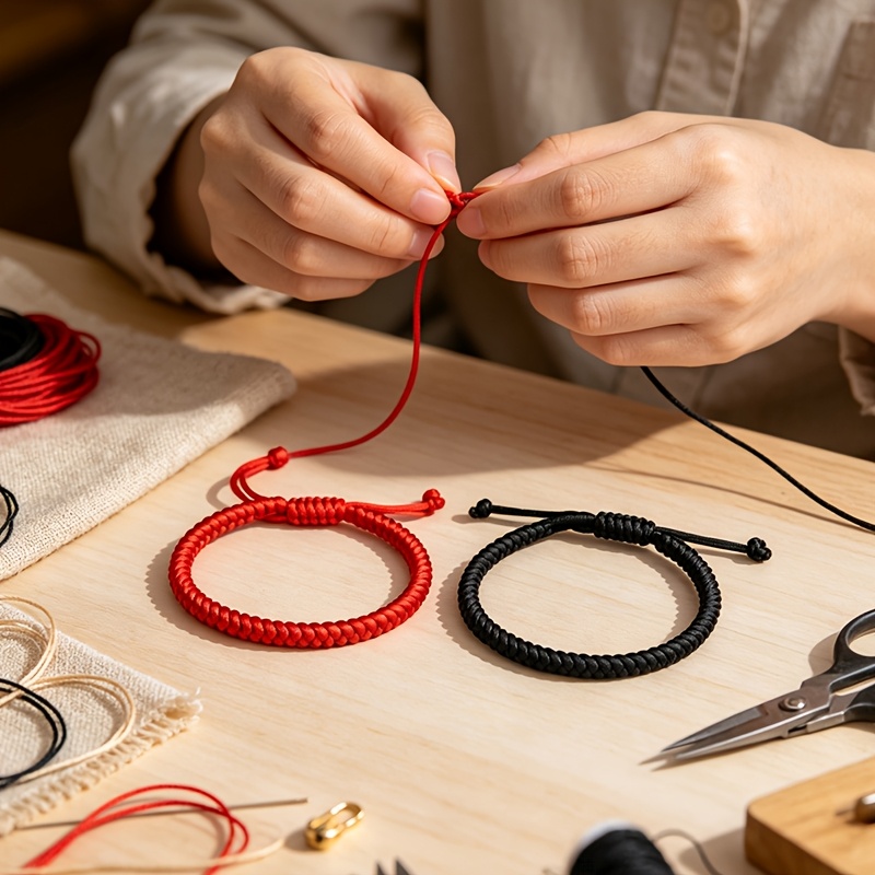 Bright Red and Solid Black Hand-Woven Lucky String Bracelets