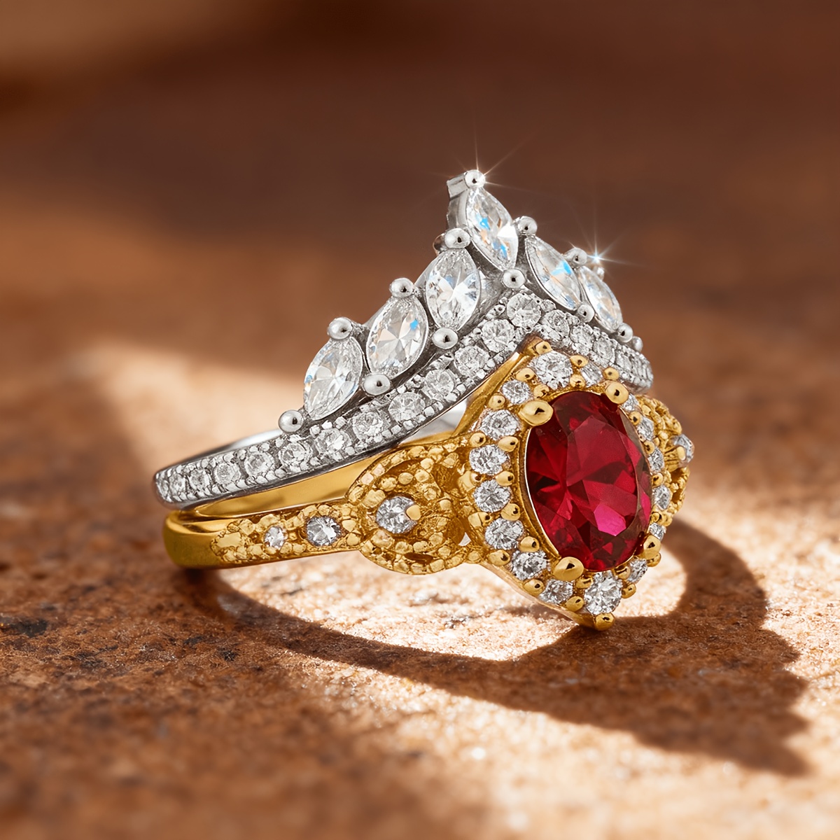 Women's Crown-Inspired Two-Tone Rings, Stylish and Sophisticated