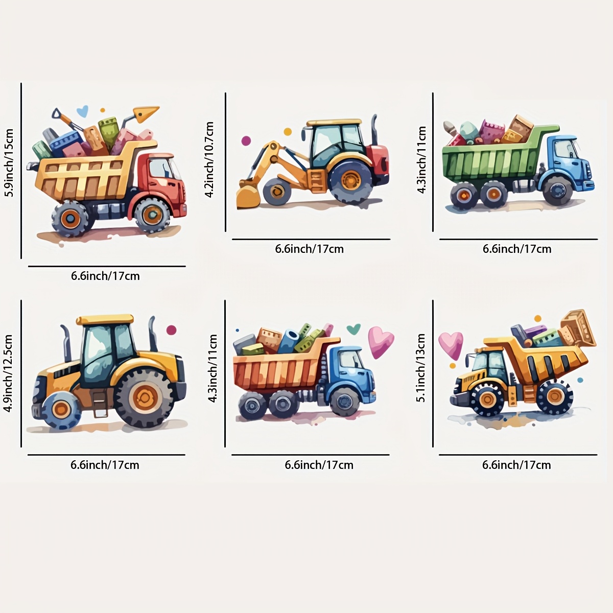 E-shop 6 Stück LKW & Bagger Cartoon Bügelbilder, Polyester Wärmeübertragungs-Aufkleber für T-Shirts, Kleidung, Jacken und Rucksäcke, Mischfarben