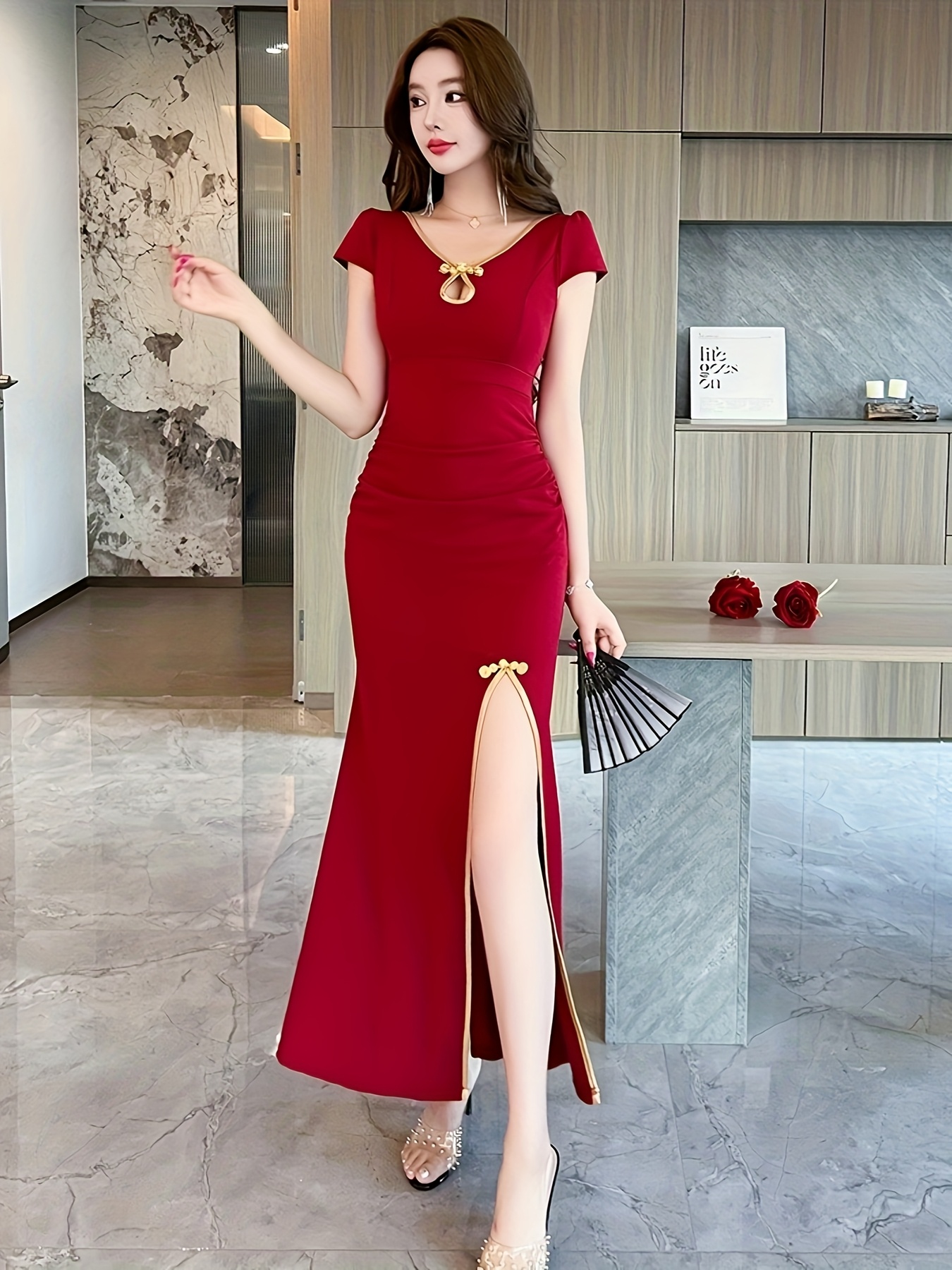 elegant red v neck evening gown button detail Temu Philippines