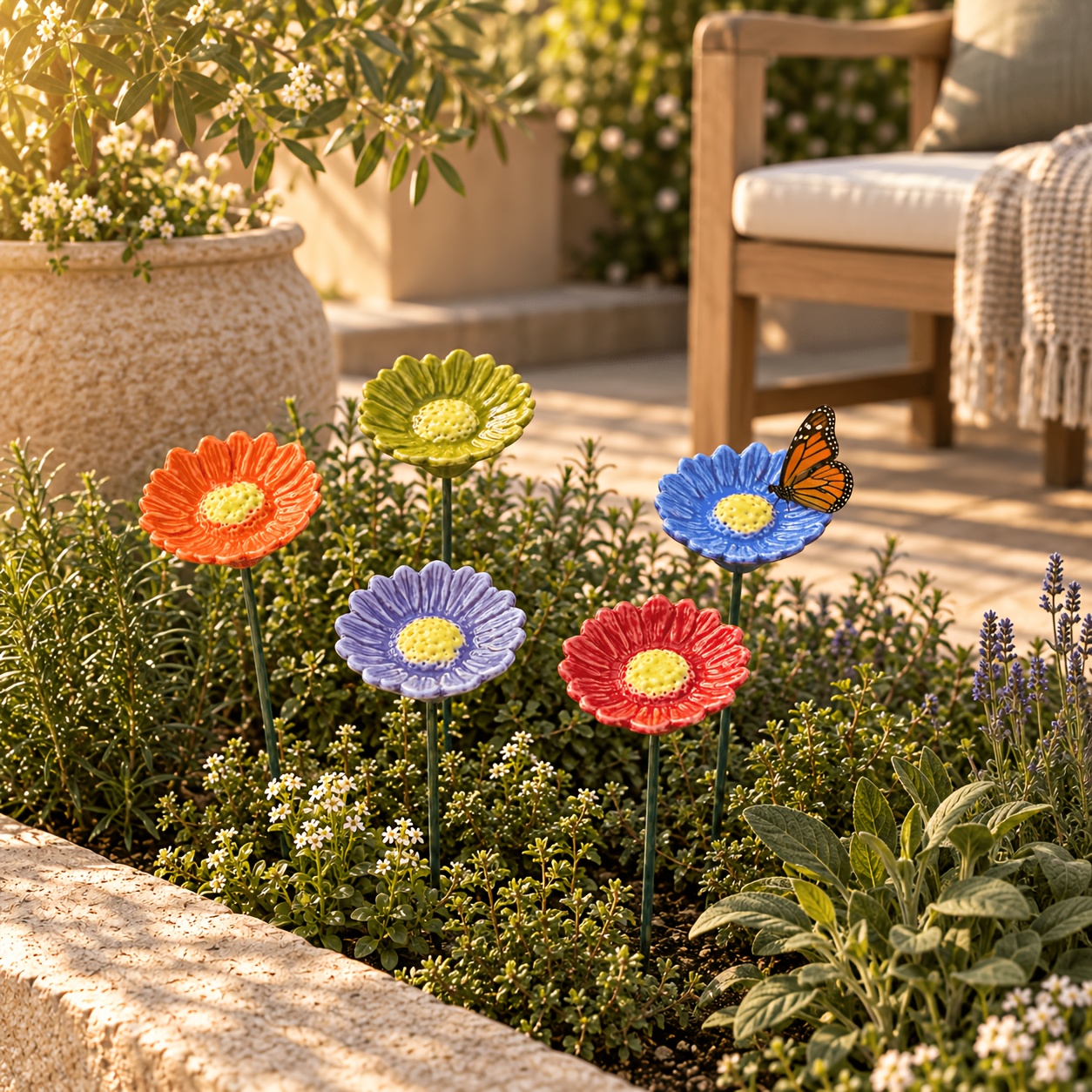 TEMU 5pcs Handmade Ceramic Flower Bee , Bee Sugar Feeder, & Watering Cups, Colorful Poppy Flower Garden Stakes, Outdoor Bee Feeder For Garden, Yard,